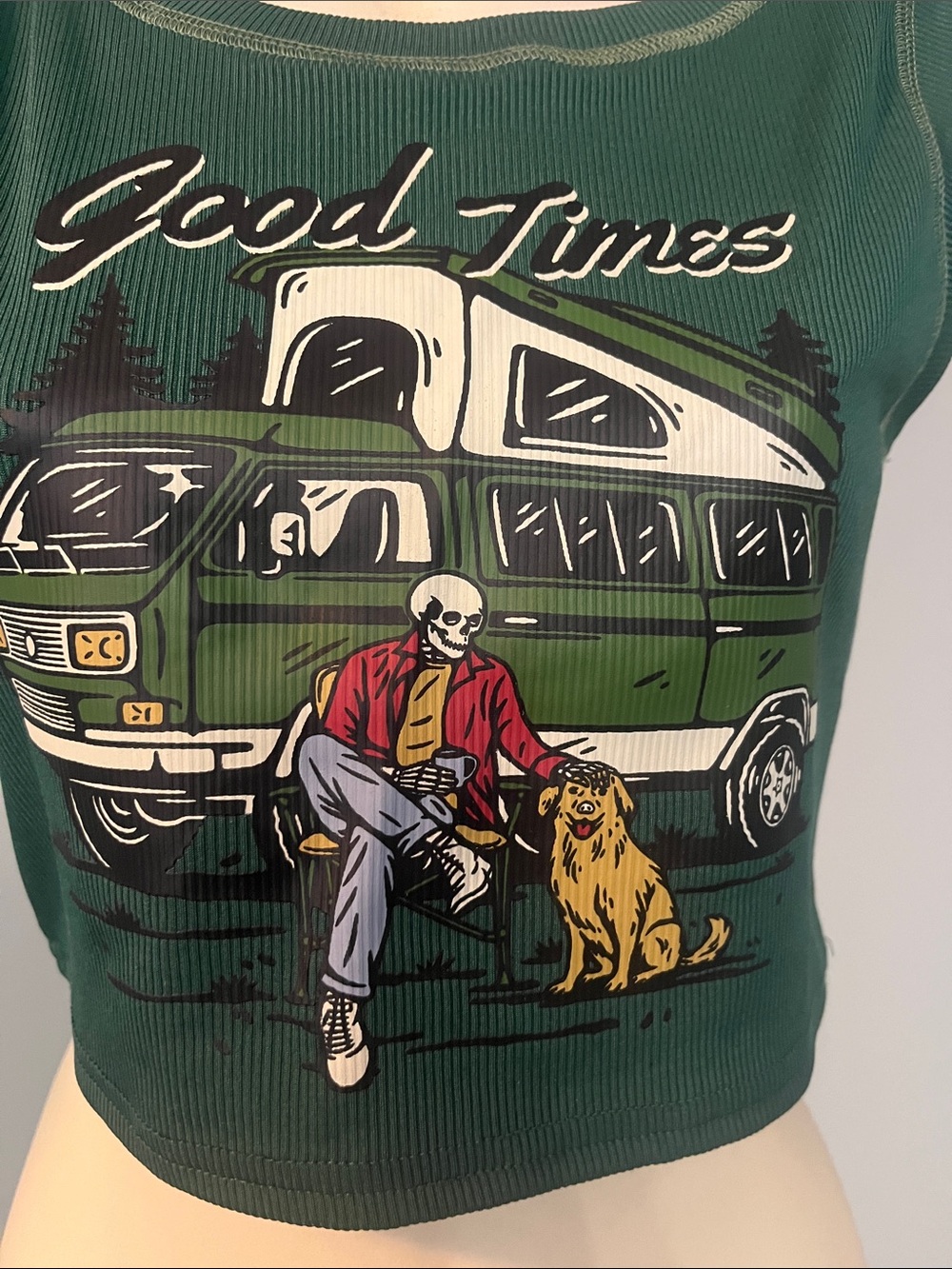 ROMWE Green 'Good Times' Graphic Ribbed Crop Tank - Picture 2 of 4